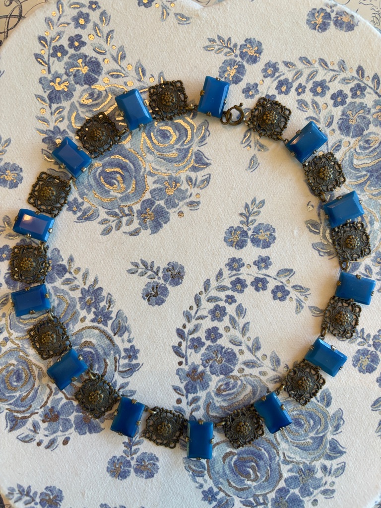 Vintage Deco Nouveau Blue Stone And Filigree Necklace